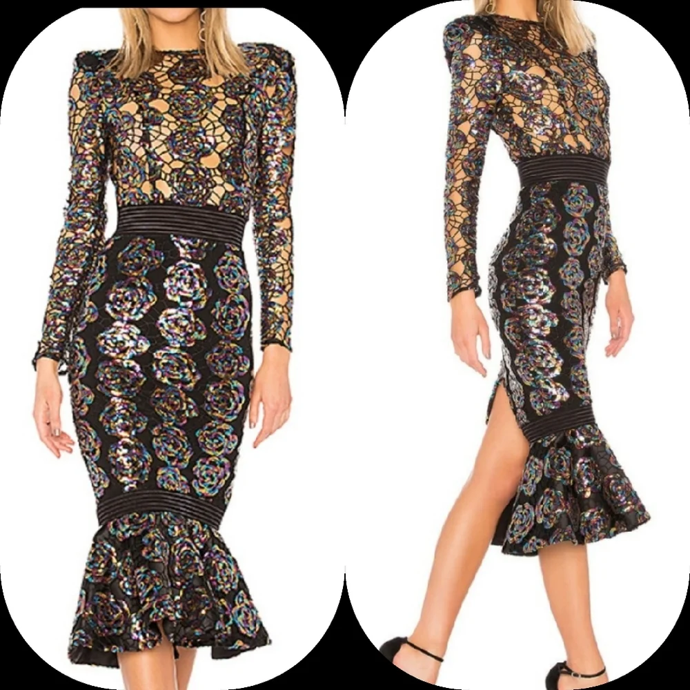 🤑SOLD🤑ZHIVAGO MOKAI NIGHTS SEQUINED LACE CALF-LENGTH DRESS - Picture 4 of 16